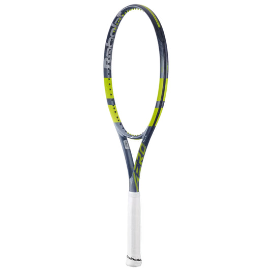 Gray tennis racket with a white handle on a white background