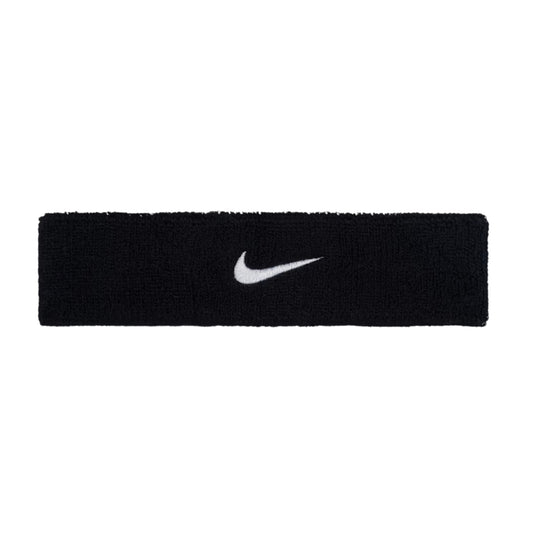 Black Nike headband with white logo on a white background
