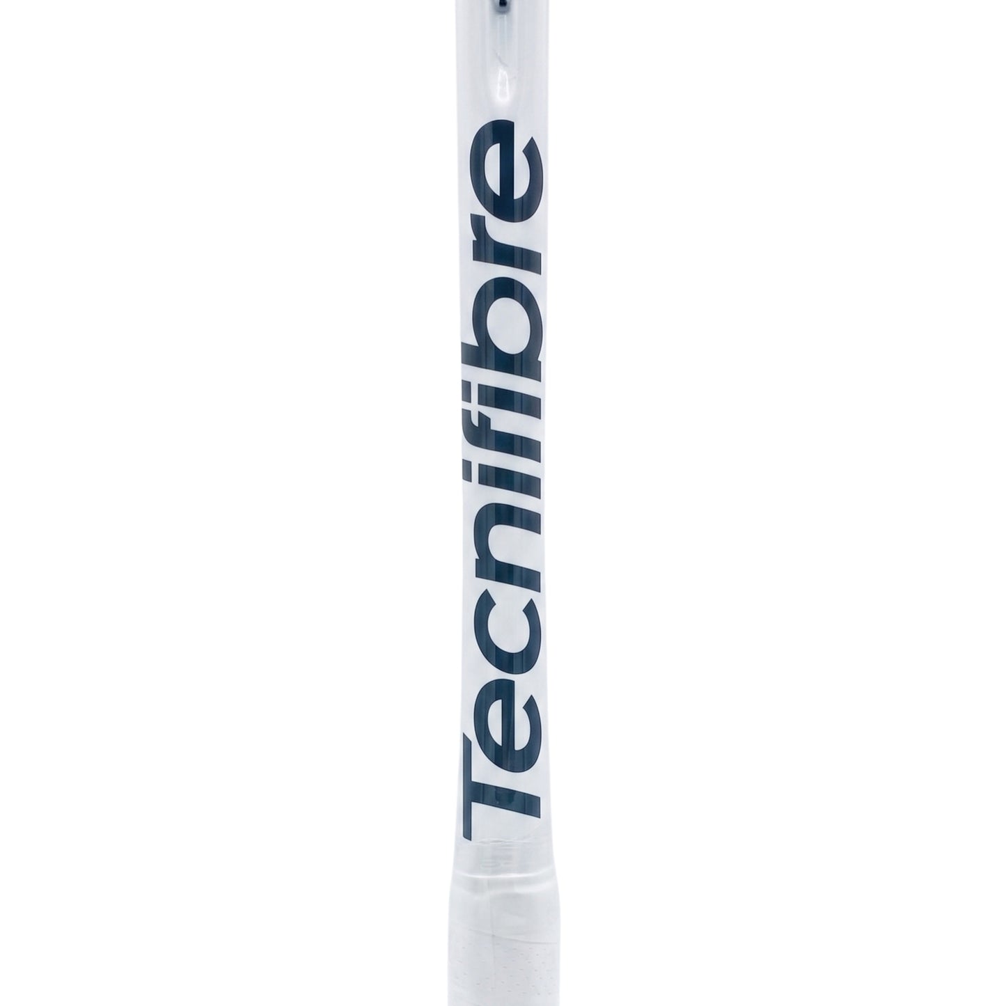 A close-up of a Tecnifibre squash racket shaft, showing the brand name printed vertically in dark blue on a white carbon-fibre textured surface, set against a plain white background.