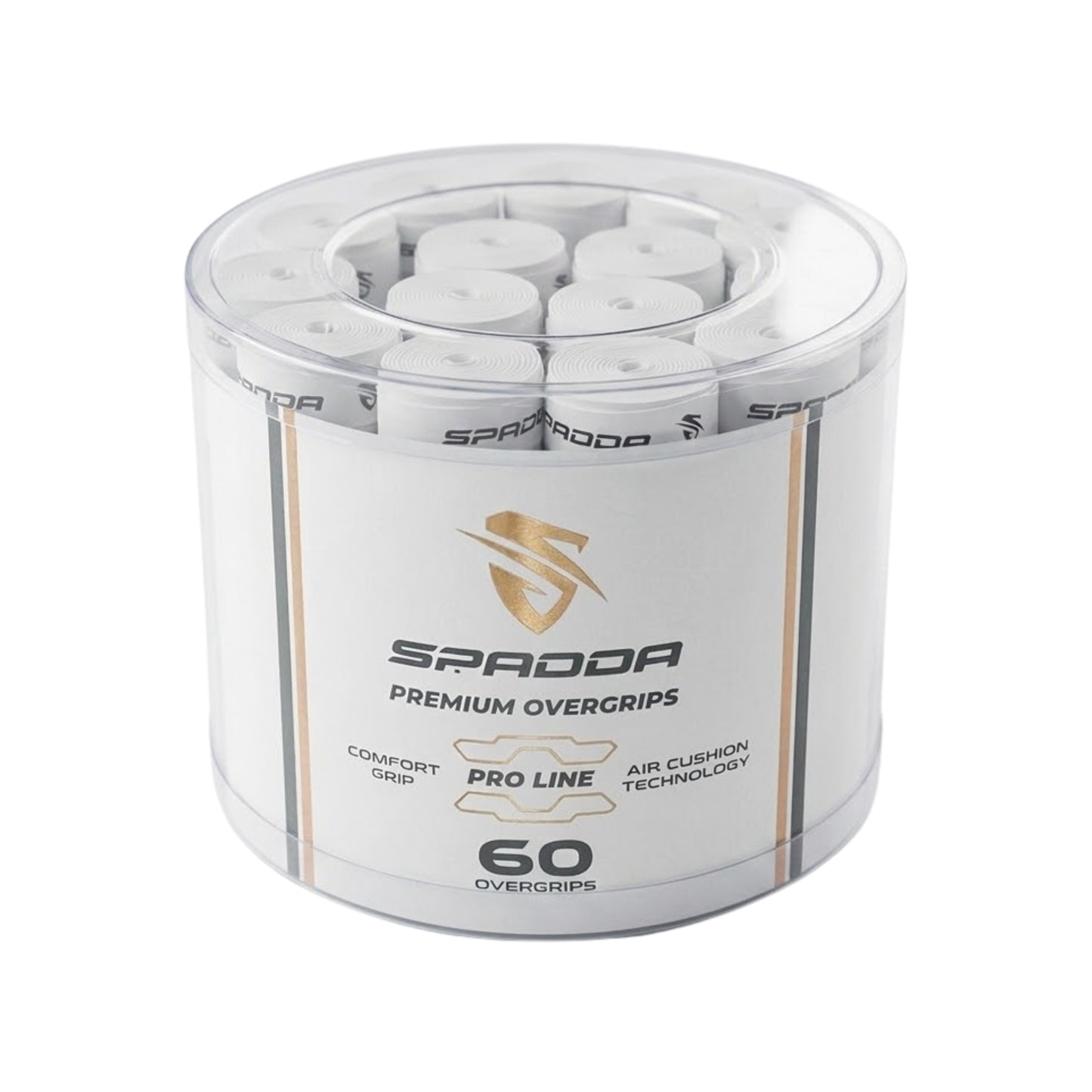 Spadda premium overgrips container with 60 overgrips on a white background