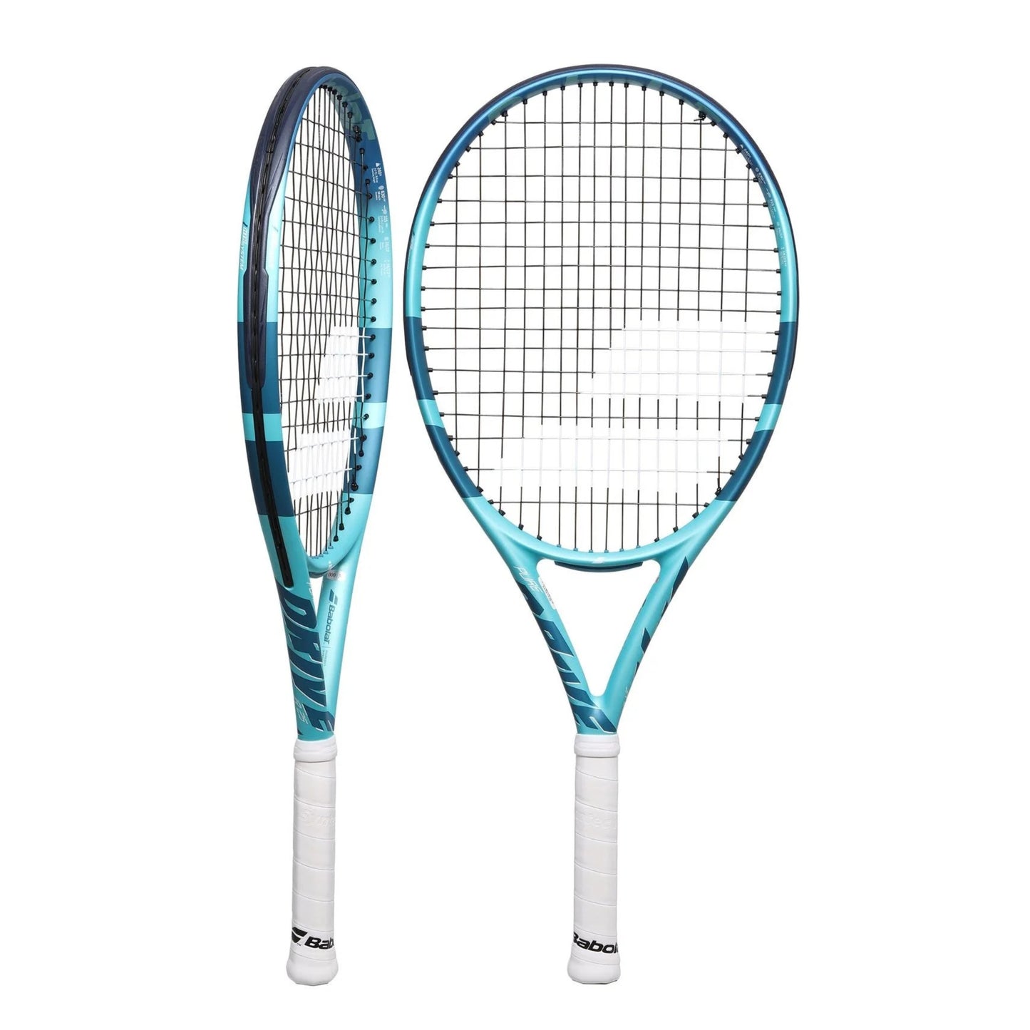 Teal and Navy Babolat racket front and side view showing wordin Pure Drive on the front of the racket