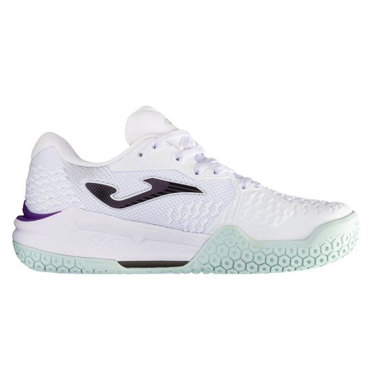 White Joma tennis shoe with purple accents on a white background
