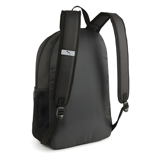 Black backpack with a visible brand logo on a white background