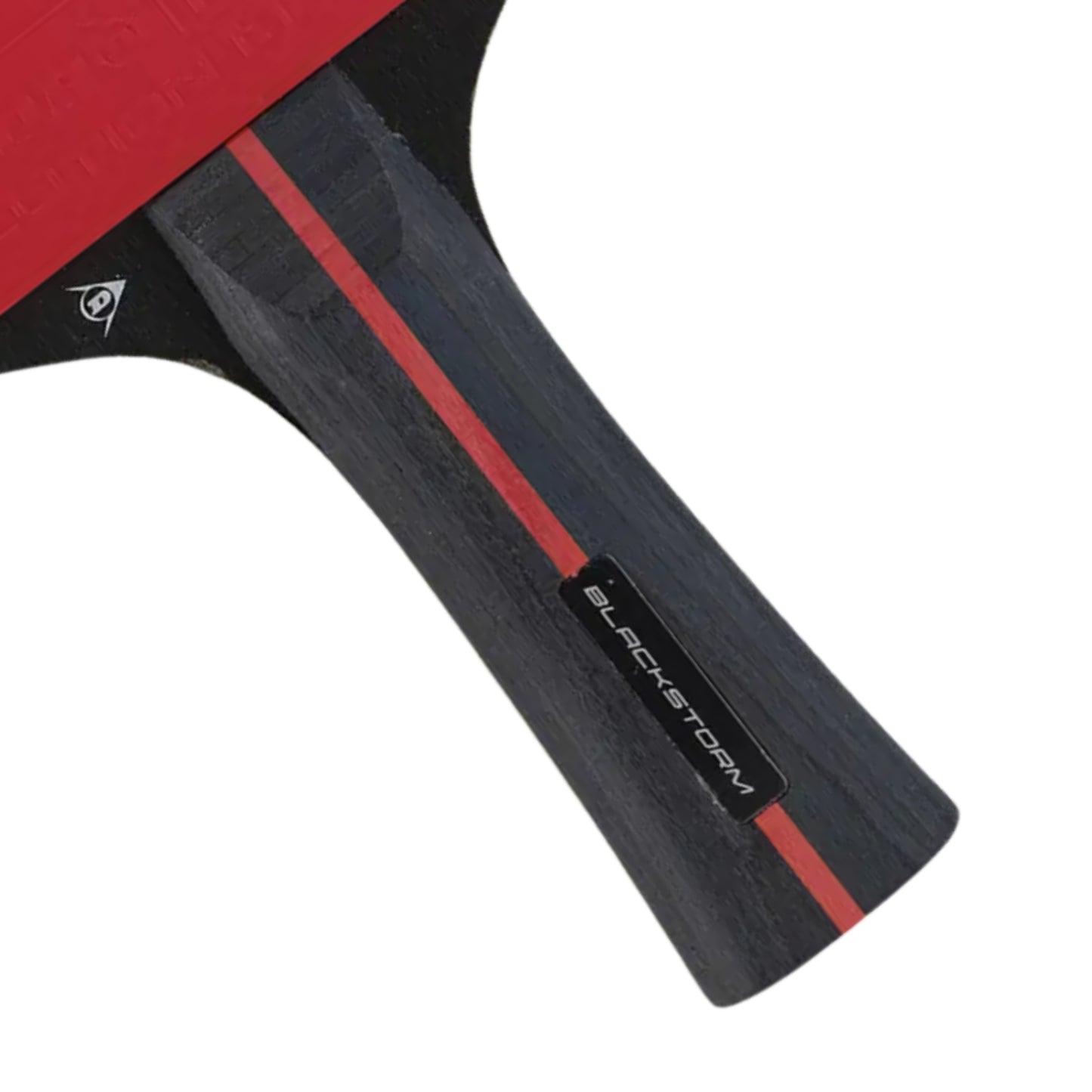 Table tennis bat, red on the top with a black handle with a red line through it and the word Blackstorm on it