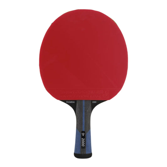 Table tennis bat, with red top and grey and blue bottom with the wording 2000