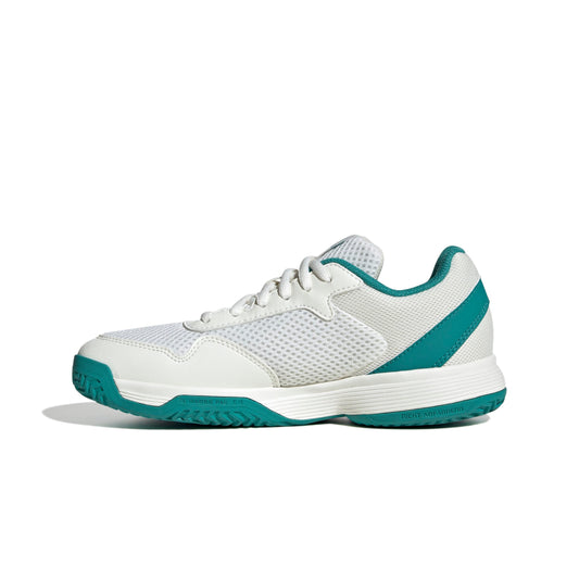 White and teal Adidas tennis shoe on a white background