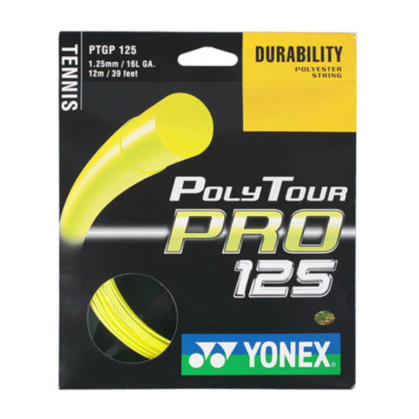 Yonex PolyTour Pro 125 tennis string packaging with yellow string on a black background