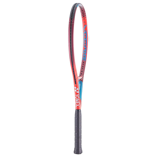 Tennis racket with red and blue design on a white background