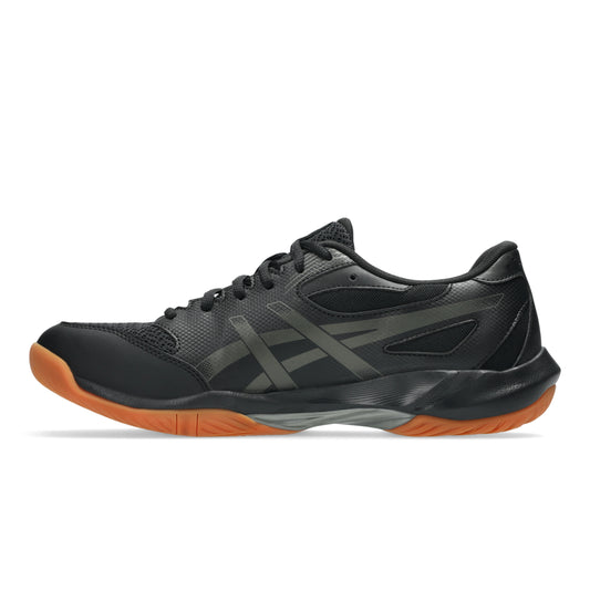 Black Asics squash shoe with orange sole on a white background