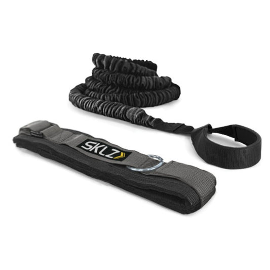 Black SKLZ resistance band on a white background