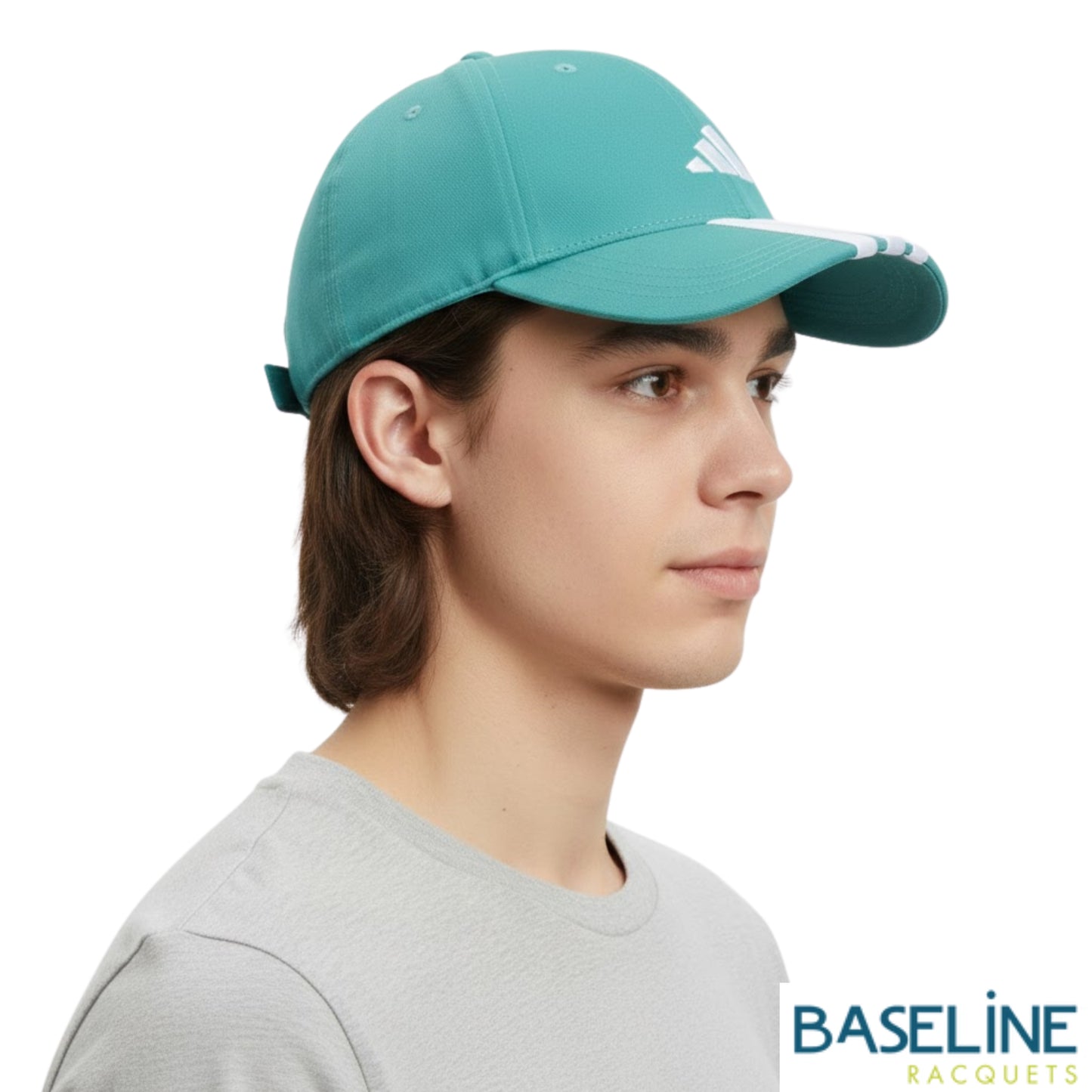 Person wearing teal cap with white stripes and Adidas logo on a white background