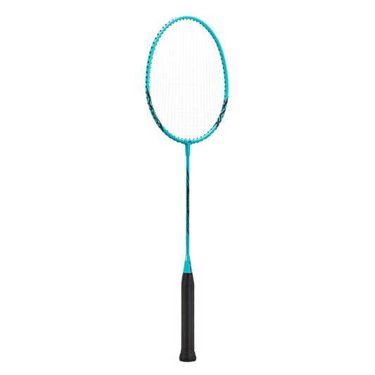 Blue badminton racket on a white background