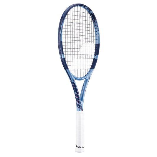 Babolat tennis racket with blue and white design on a white background