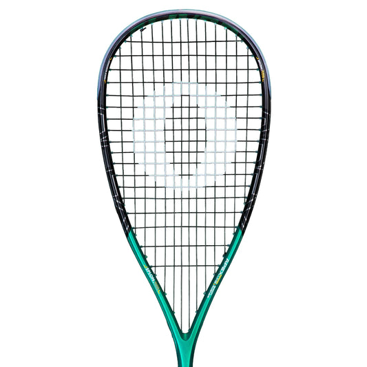 Squash racket with green handle and black strings on a white background