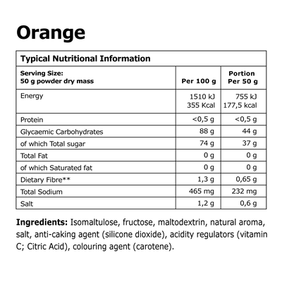 Nutritional information and ingredient list for a product labeled 'Orange'.