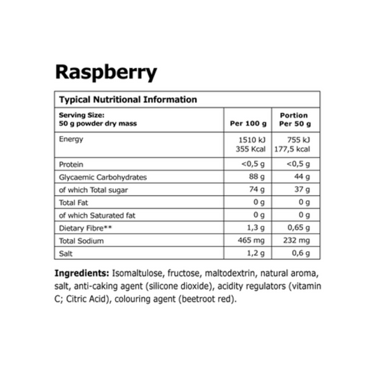 Nutritional information and ingredient list for raspberry powder on a white background