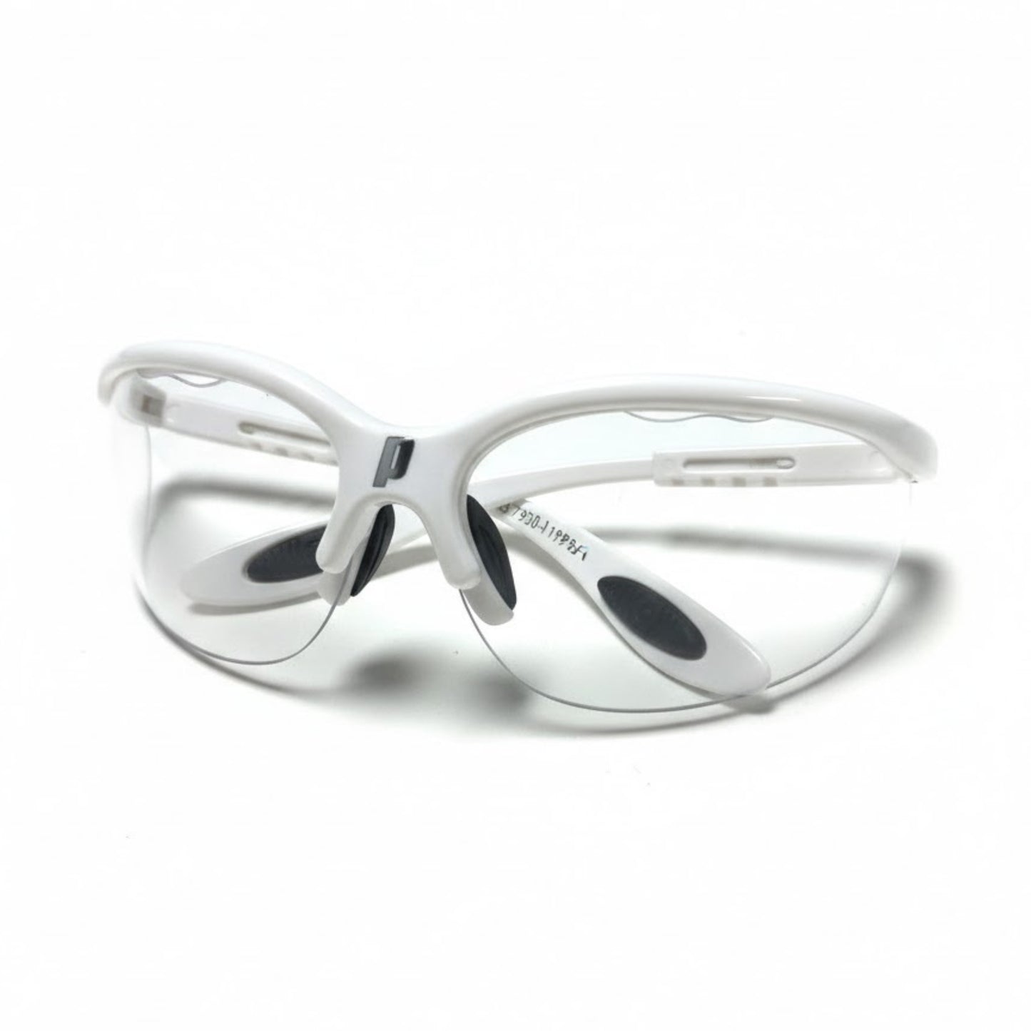 White Prince squash safety glasses with clear lenses on a white background
