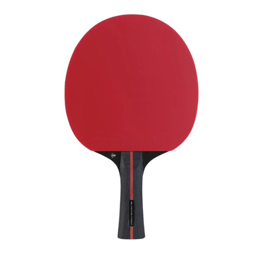 Table tennis bat, red on the top with a black handle with a red line through it and the word Blackstorm on it