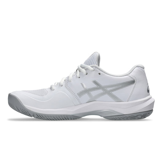 White Asics tennis shoe with gray accents on a white background