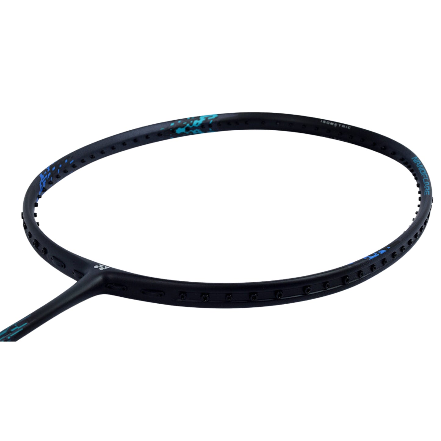 Black badminton racket with blue accents on a white background