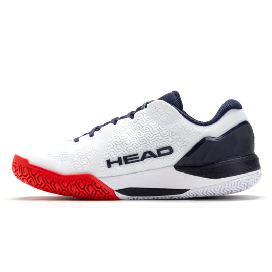 White Head tennis shoe with red sole and blue accents on a white background