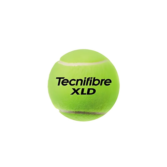 Green tennis ball with 'Tecnifibre XLD' branding on a white background