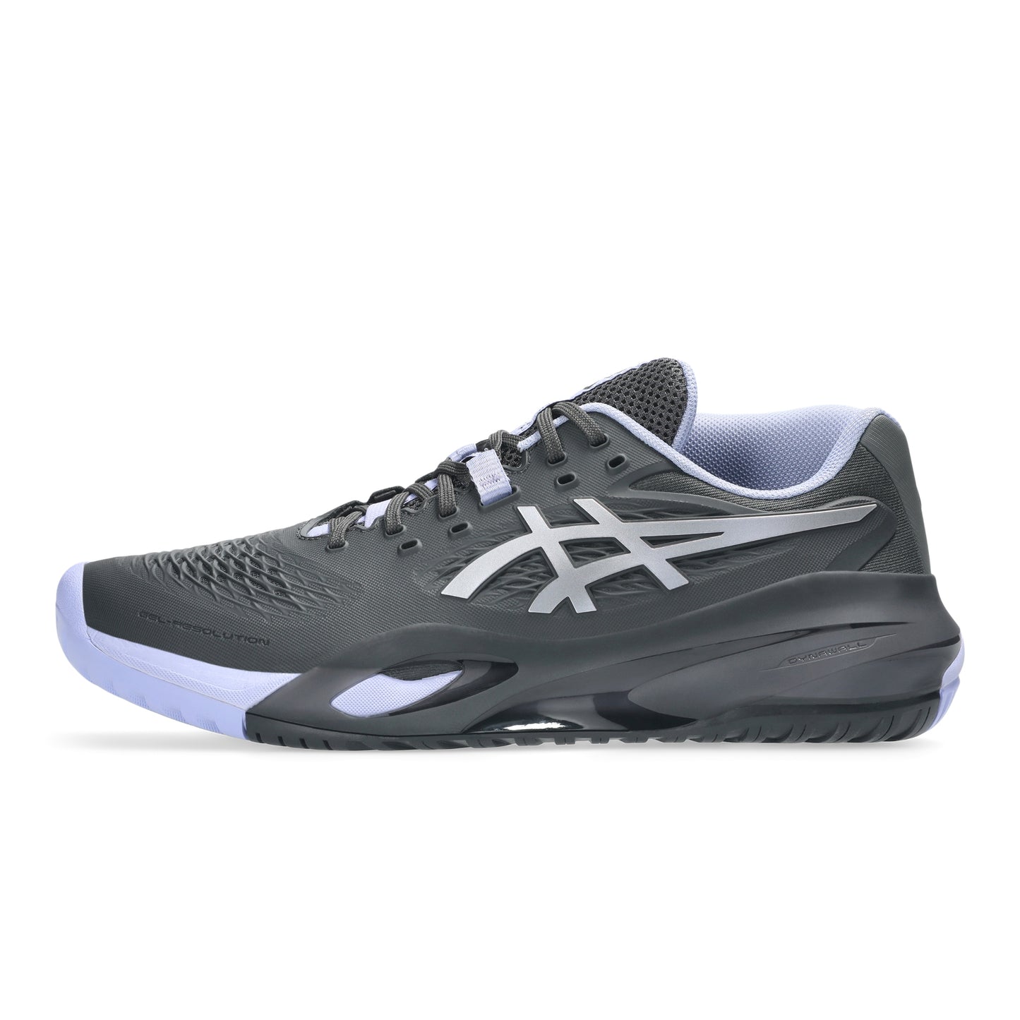 A dark gray and white Asics tennis shoe shown from the side against a plain white background.
