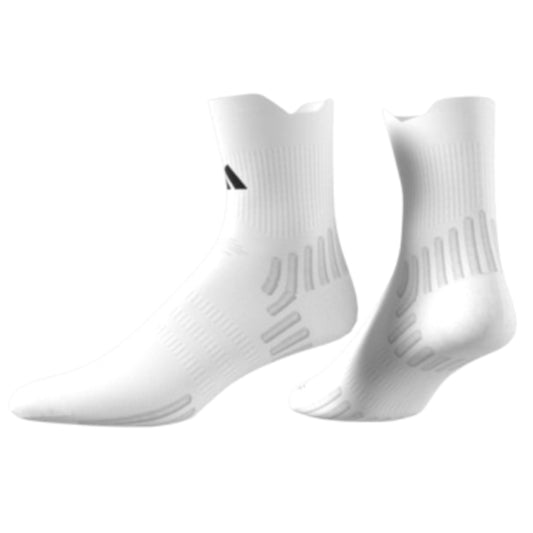 White Adidas socks with a black logo on a white background