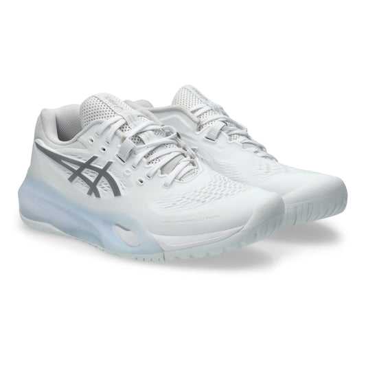 White Asics tennis shoes with a gray logo on a white background