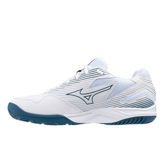 White squash shoe with blue accents on a white background