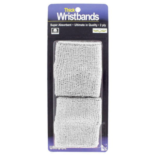 Pack of thick wristbands with a blue and black packaging label on a white background