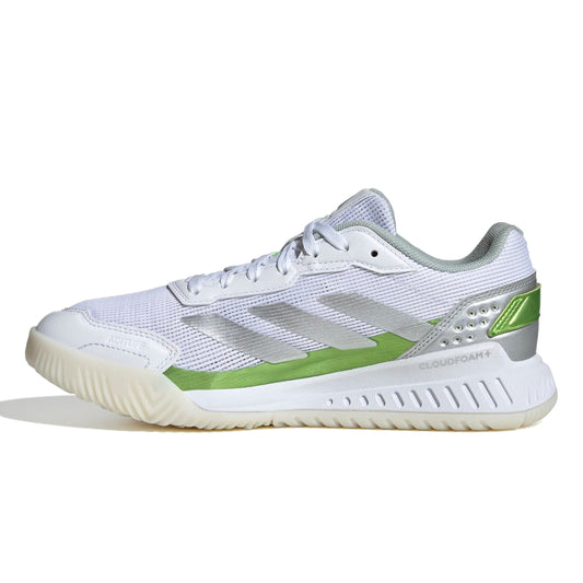 White Adidas padel shoe with green accents on a white background