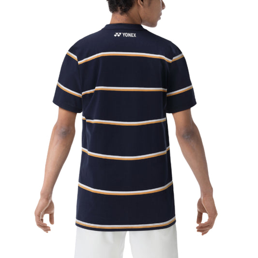 Person wearing a navy striped shirt with Yonex logo on the back, on a white background