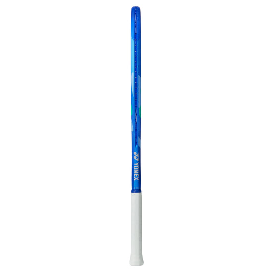 Blue and white Yonex tennis racket on a white background