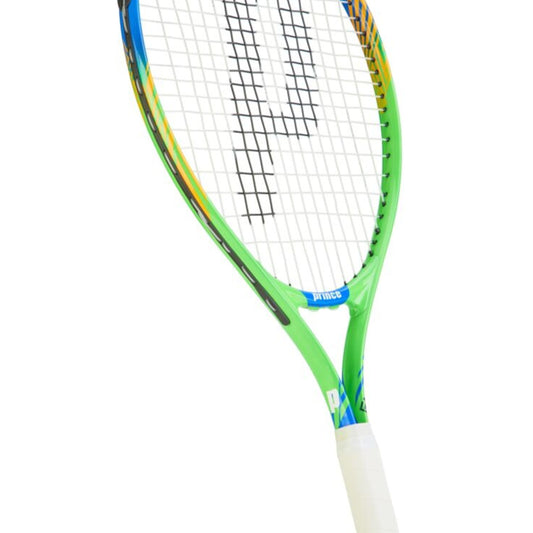 Tennis racket with a white handle and colorful frame on a white background