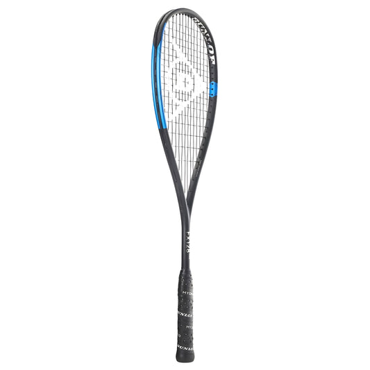 Black and blue squash racket on a white background