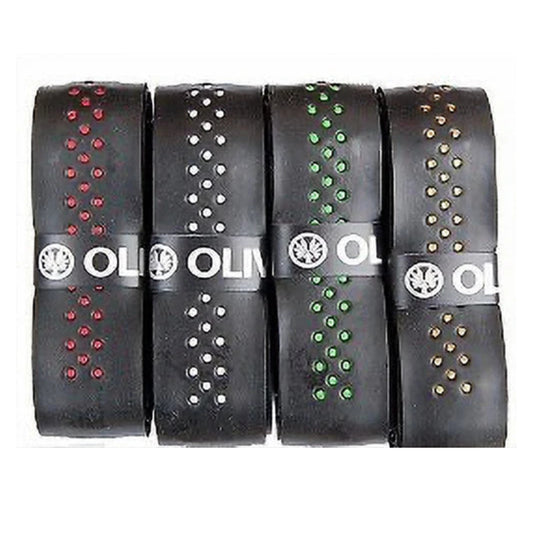 Four black tennis grip bands with different patterns and OL brand logo on a white background