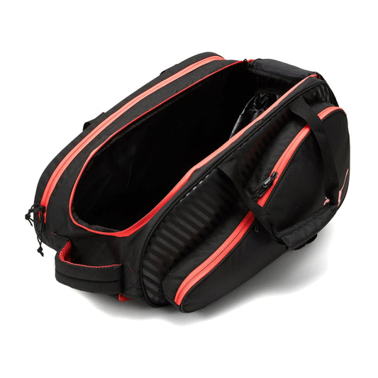 Black bag with red accents on a white background