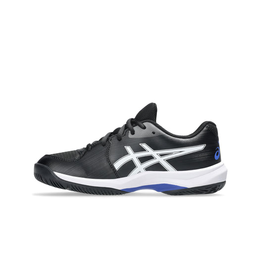 Black and blue tennis shoe with white accents on a white background