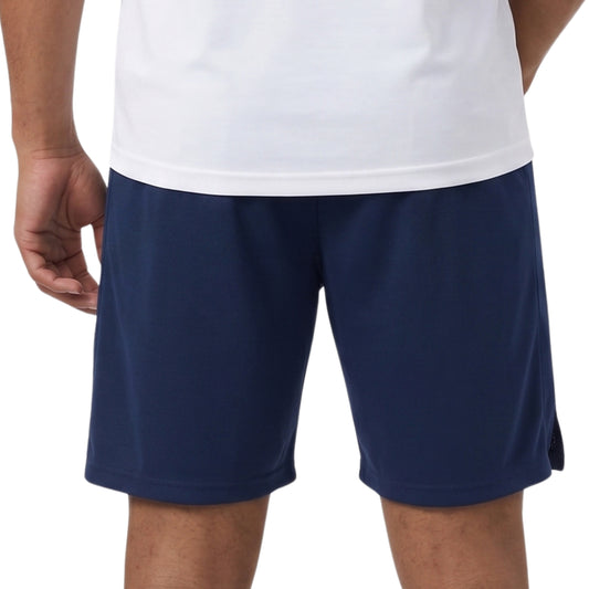 Navy Yonex shorts with a brand logo on a white background