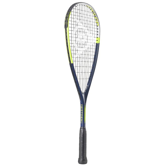 Squash racket with black and yellow design on a white background
