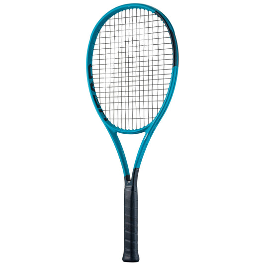 Head tennis racket with blue frame and black handle on a white background