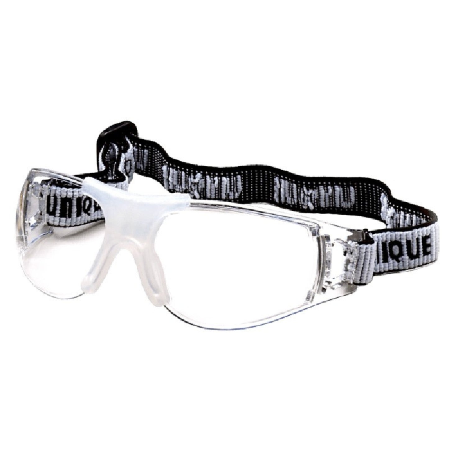 Clear safety goggles with a black and white strap on a white background