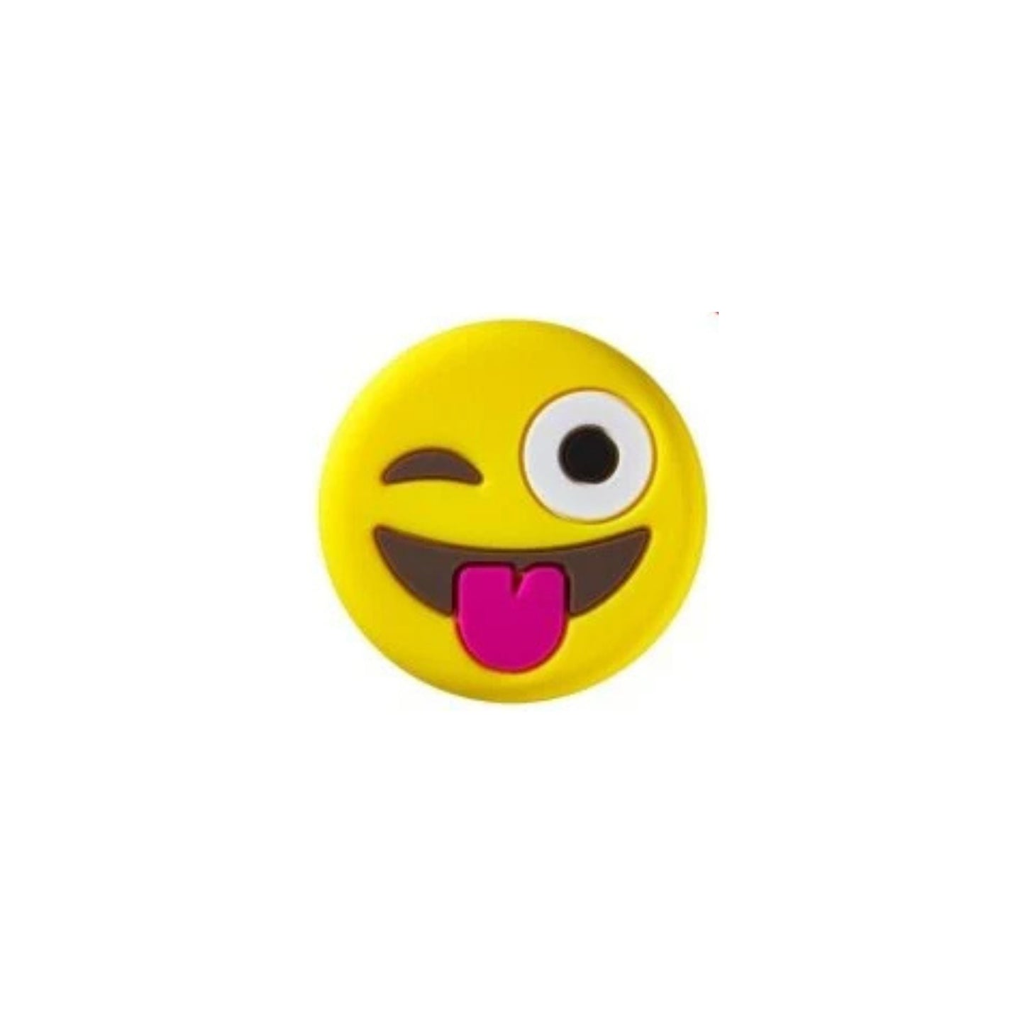 Yellow emoji dampener with a winking eye and tongue sticking out on a white background