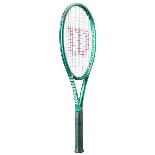 Green Wilson tennis racket with a white strings pattern on a white background