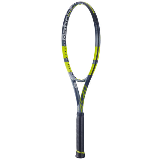 Tennis racket with black and yellow design on a white background