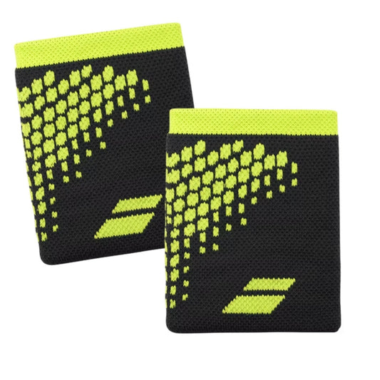 Pair of black wristbands with yellow pattern and logo on a white background