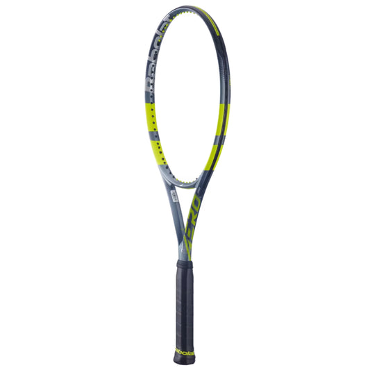 Tennis racket with black and yellow design on a white background