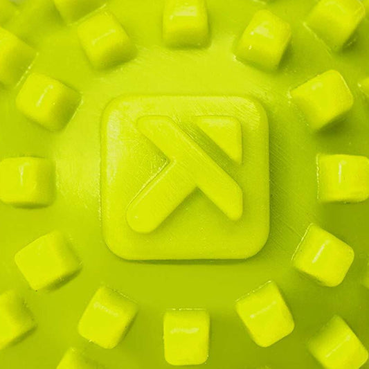 Green textured massage ball with a brand logo on a white background