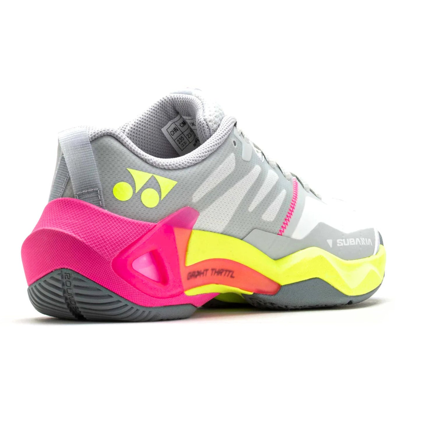 Gray and pink Yonex shoe with colorful sole on a white background